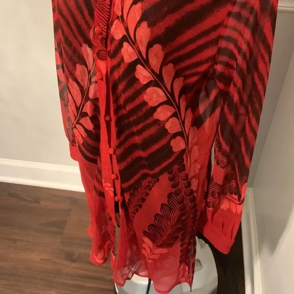 Vera Cristina Red Floral Print Sheer Silk Tunic Size M - Picture 3 of 8